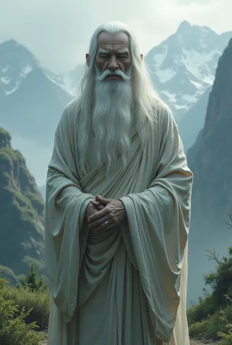 Buddhist man with gray skin and white hair