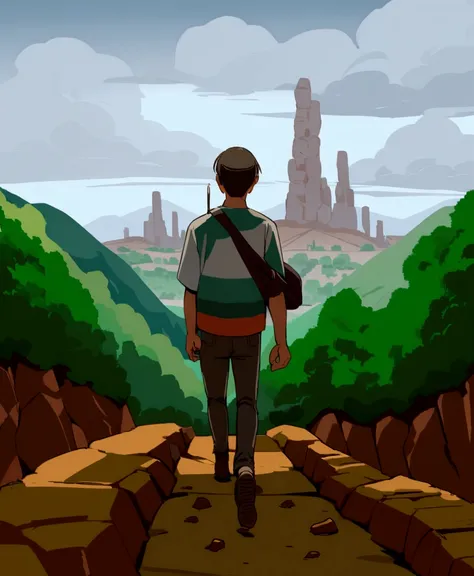 cartoon painting, landscape painting, the context is modern day 2020, the figure is walking downhill, on a volcanic cliff, there are many rocky outcrops around, the scene in the distance is forest and a modern city but it was desolate, with many columns of...