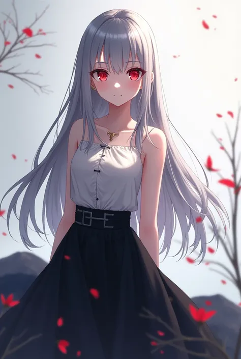 ANIME WOMAN, with long straight gray hair, with bright crimson eyes, with a top and a black skirt.