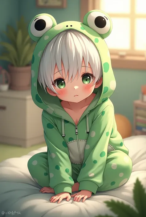 An anime man with white hair and big eyes and wearing frog pajamas 
