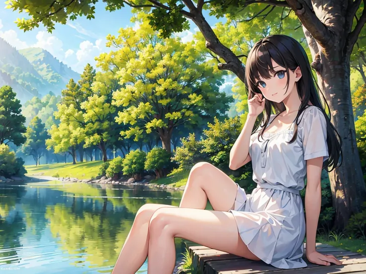 masterpiece: 1.5, Realistic human images, Realistic: 1.2, super high quality, Very detailed, Perfect drawing, And soul, Charming, and a girl, Sitting, near the lake, Under the tree, Beautiful natural environment, Detailed facial features and eyes, Clear Fa...