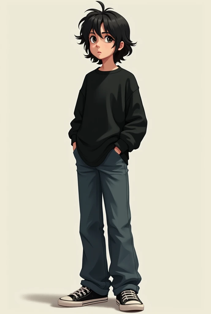 Boy around , tired look, long wavy black hair, about shoulder-length, slightly below, tall, wears a black sweatshirt and wide-leg jeans and tennis shoes