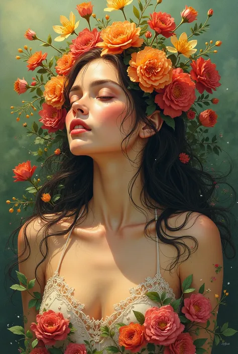 commercial illustration of a woman dressed in flowers with flowers in her hair, in the style of artgerm, vibrant palette knife, franciszek starowieyski, michael malm, captures the essence of nature, sun-kissed palettes, illustration --ar 58:77 --s 750 --st...