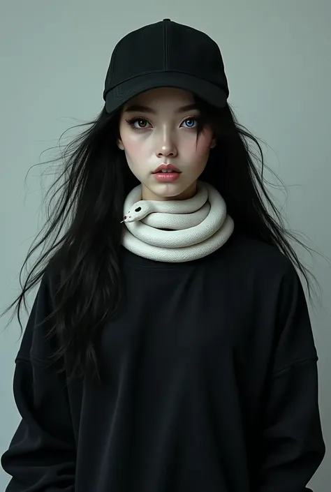 Beautiful girl with long black hair and light skin, His eyes are light brown but he has a blue spot on his left iris., She is wearing a black sweatshirt and a black cap and is serious., He has a white snake coiled around his neck and is looking over his sh...