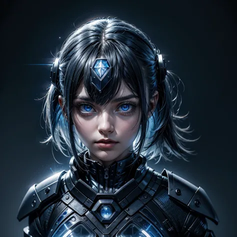 
a female in a gothic blue ordinary uniform while communicating with a holographic futuristic technological tool during a riot in a futuristic city, the gaze is hard and determined, the female is close to the camera,High Resolution, Masterpiece, Accurate, ...