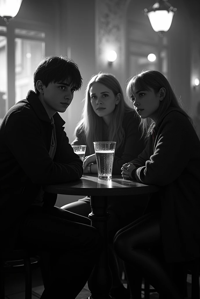 Harry potter,Ron Weasley,Hermione Granger from harry potter movie drinking at bar in black and white theme facing on same side
