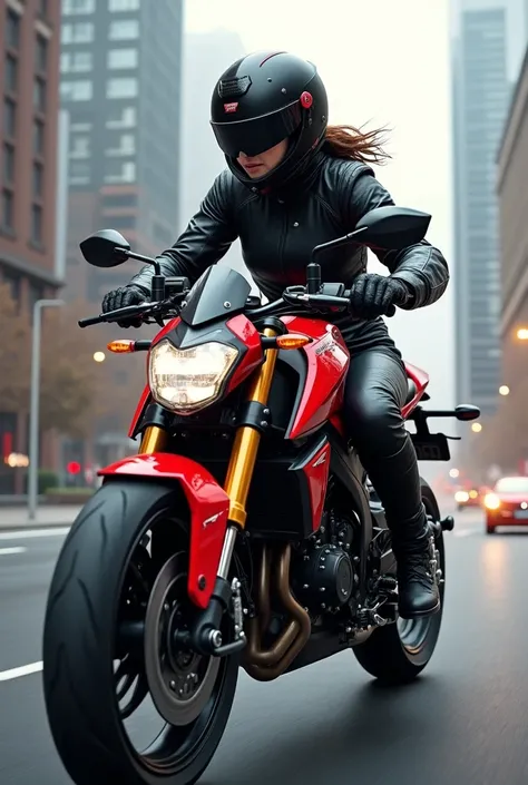 A 74kg girl with a black helmet with red closed on a Tuko CR5 200 motorcycle, year 2022,red color with black, dressed as a biker