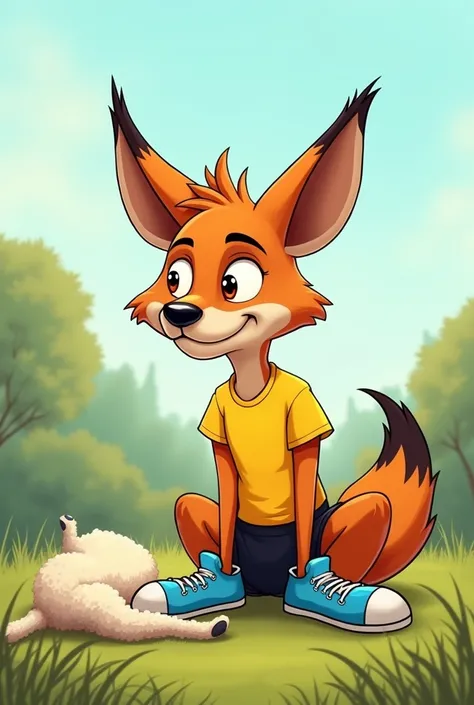 **Image 1: The Jackal’s Idea**
   - **Prompt:** A cartoon jackal with a round face and large expressive eyes, wearing a yellow t-shirt, black shorts, and blue sneakers. The jackal is sitting in a grassy field, looking thoughtfully at a dead sheeps skin lyi...