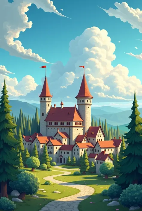 ((masterpiece)),((best quality)),((high detail)),((realistic,)) ((ultra detailed)) landscape of a small medieval town, cartoonist illustration, aeria view, beautiful sky, deformed clouds, 1.3:pine trees, towers.