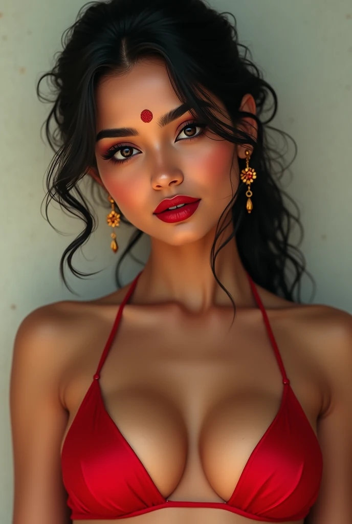 Generate indian beautiful bhabi with red lips bindi on forehead bearing red bikni and golden earrings 