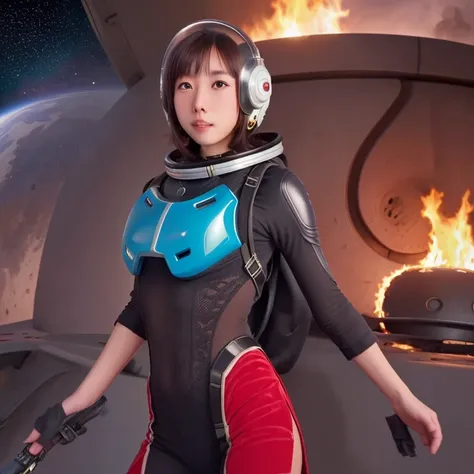 cute yuna, space explorer, sexy outfit, jet pack, laser rifle, bubble helmet, she is burning down woman eating plants that have ...