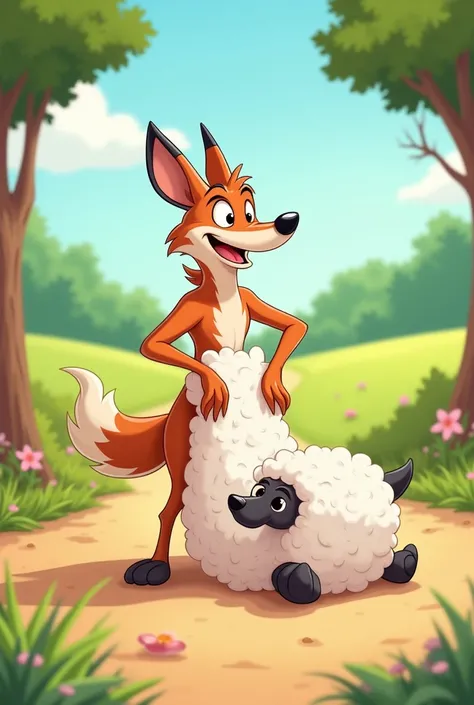 *Image 2: Donning the Sheep Skin**
   - **Prompt:** The same cartoon jackal, now excitedly putting on the dead sheeps skin. The background shows a sunny day with trees and flowers, capturing the jackal’s eager expression.