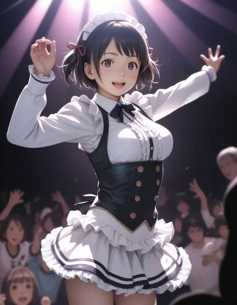 (photorealistic1.1)solo,japanese,tareme,black hair,short twintail,short hair,busty,idol costume,long sleeves,frill,concert,room