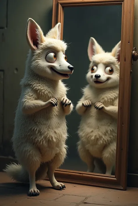  **Image 3: The Transformation**
   - **Prompt:** The jackal, fully dressed in the sheep’s skin, stands in front of a mirror, admiring himself. His large eyes are wide with excitement, and his round face shows a mischievous grin.