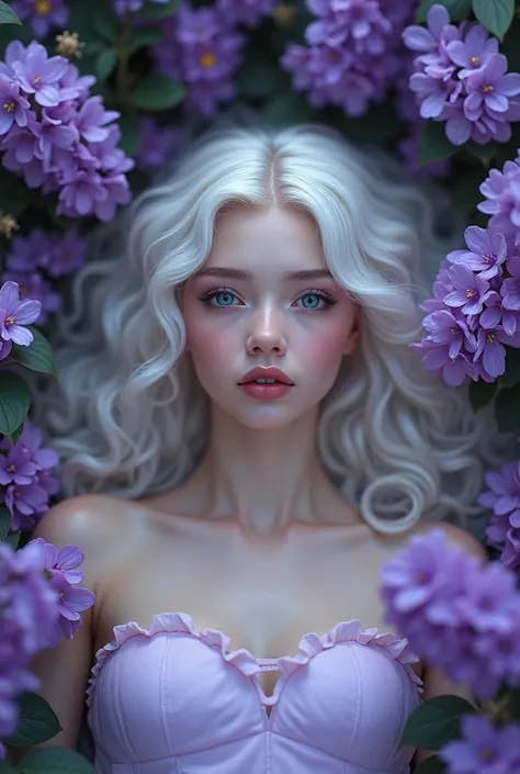 A girl lying in a garden full of violets, the girl has long  curly white hair, the girl is American with Latin features, porcelain-white skin, completely black eyes color and lost look, semi open and pink mouth