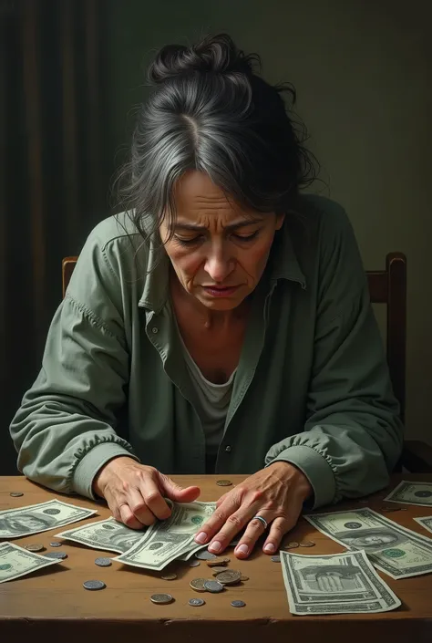 A poor woman is extremely frustrated and crying because of her poor financial situation. This image must be colored, with bills and a few coins on the table and the woman looking at the bills.

