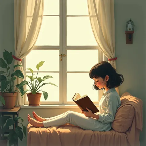 A serene illustration of a person reading by a window. The scene captures soft, natural light flowing through the window, creating a cozy and peaceful atmosphere, with simple yet artistic details.