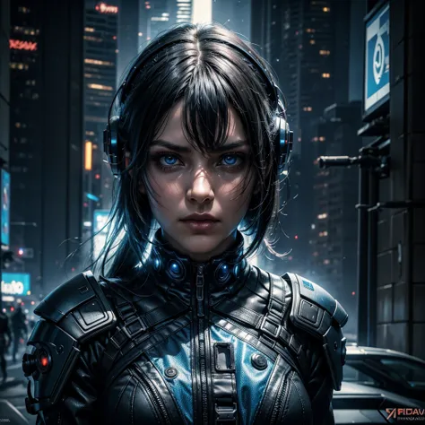 a female in a gothic blue ordinary uniform, communicating with a holographic futuristic technological tool, riot in a futuristic city, hard determined gaze, close to the camera,(best quality,4k,8k,highres,masterpiece:1.2),ultra-detailed,(realistic,photorea...