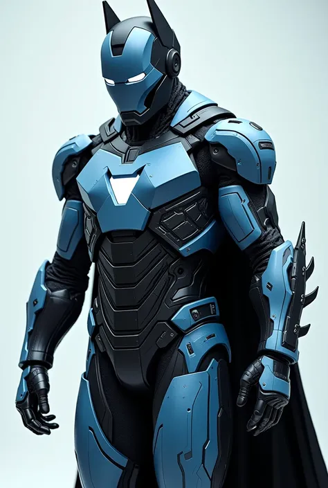 Iron man batman suit fusion with futuristic armor look and make it in light blue and black with a mask .... More sleek loose the cape and change the mask into something more sleek and stealth make it more armor MORE ARMOR light weight and no cape different...