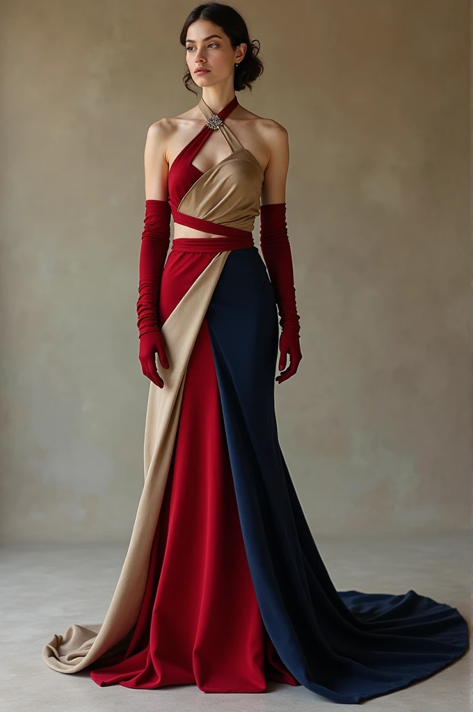 Create sketch Short and fitted asymmetrical wedding dress Colors: Champagne, cherry red, gold and navy blue details With long gloves
