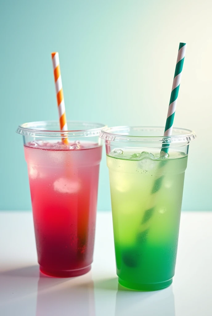 An advertisement for two non-alcoholic cocktails in plastic cups with straws