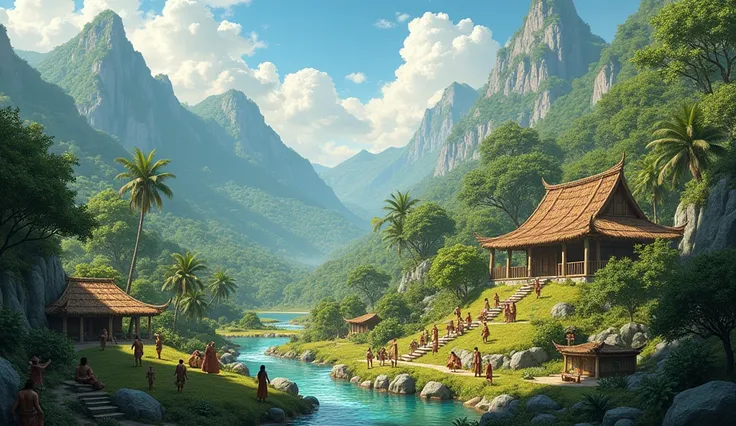 Create a vivid illustration of the antediluvian world, showcasing lush forests, majestic mountains, and clear rivers under a serene sky. Include people engaged in daily activities, such as farming and building with natural materials. Incorporate elements o...