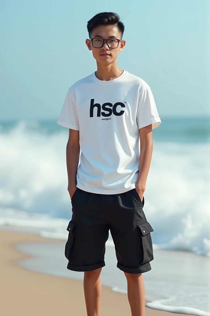 photorealism) Indonesian man aged 18 years ,Thin and short body (short) ,hairstyle (short slicked back) on the beach with waves in the background ,Wearing a white branded t-shirt with a logo "HSC", and black cargo shorts, wearing black photochromic glasses...