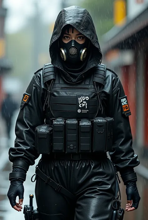 Unique modern samurai military tactical uniform with attached balaclava and samurai gas mask, Soaked in the rain, Japanese girl style 