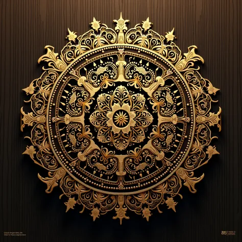 A detailed golden mandala design on a dark background. The mandala is intricate, with delicate, symmetrical patterns inspired by Indian or Asian cultural art. The artwork is framed by a natural wood texture.