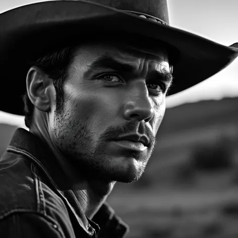 a cowboy looking back with intense scrutiny, half-turned, sombre crepuscular atmosphere, black and white expressionist, detailed facial features, intense gaze, chiseled jawline, cinematic lighting, photorealistic, highly detailed, 8k