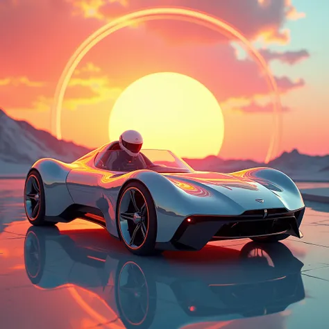 A vehicle of the future. It shines brightly in the rays of a luminous sun. Its bodywork hides the wheels and it is completely aerodynamic with the sporty look of a top luxury car. Inside is a humanoid-like driving robot.