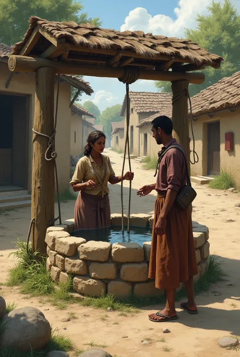 Woman fetching water from the well talking to a man without showing his face 