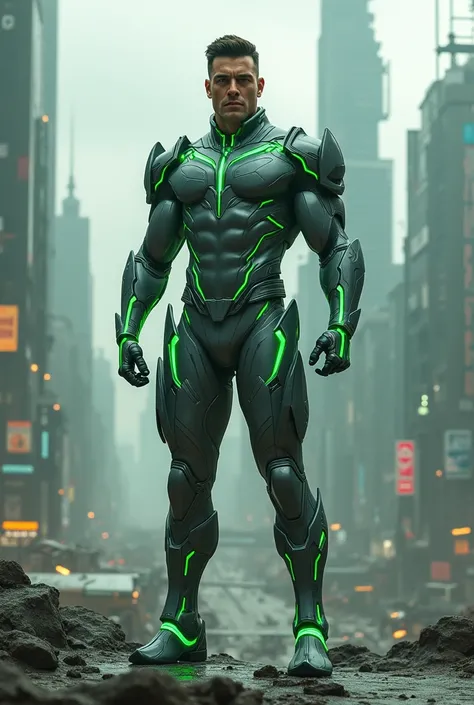 futuristic superhero with grey and green suit with powers