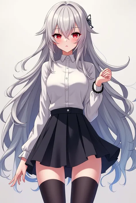 ANIME WOMAN, long grey hair, with bright crimson eyes, She has a white top with a black miniskirt with long stockings and long boots.