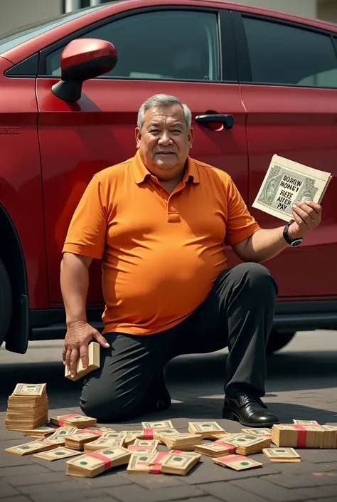 A fat Malay man in an orange polo shirt and black pants kneeling next to a red MPV car surrounded by millions of ringgit, while holding a book and holding a poster with the words BORROW MONEY HEREAFTER PAY