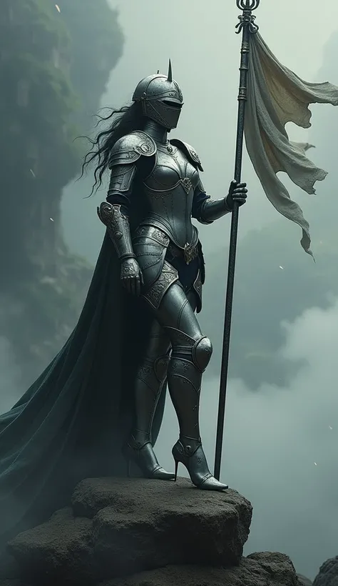 beautiful fantasy female knight, full heavy armor, high heels metal armor, holding ornate spear with flag, eye-catching armored high heels, stand with one leg on big rock, realistic photography, immersive dramatic fantasy environment, chiaroscuro lighting,...