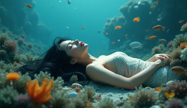 best quality de imagem , 8k, Beautiful woman sleeping under the sea,  floating on the sea floor , beautiful fish around , sea creatures , high resolution, fringe, mouth closed, toys, blurred, lens reflection, masterpiece, best quality, shine, eyes closed, ...