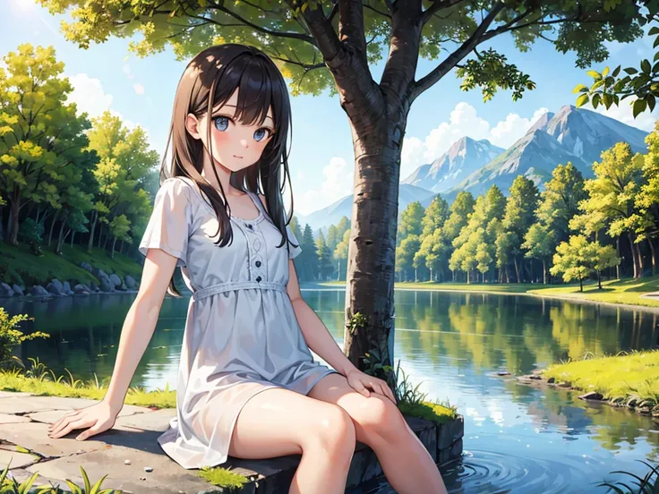 masterpiece: 1.5, Realistic human images, Realistic: 1.2, super high quality, Very detailed, Perfect drawing, And soul, Charming, and a girl, Sitting, near the lake, Under the tree, Beautiful natural environment, Detailed facial features and eyes, Clear Fa...