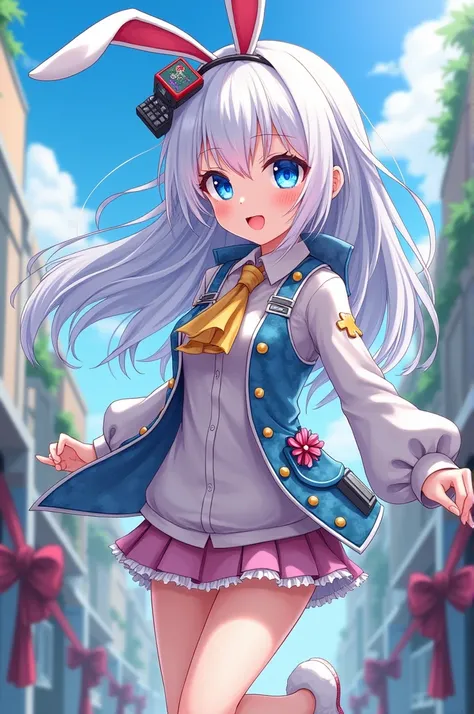 white haired girl, blue eyes with video game clothes, white rabbit themed clothing, extroverrida, anime style 