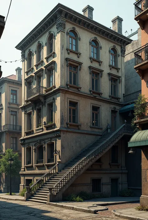 Old 3-storey apartment with stairs next to the building.