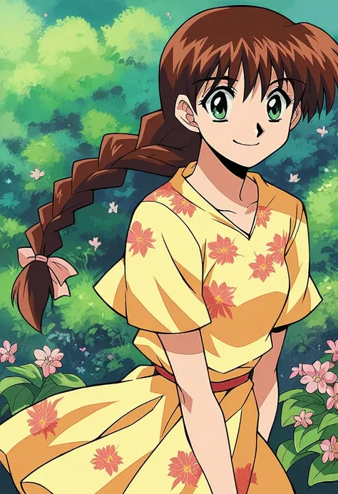 1girl, miyanoshitasatsuki, yellow dress, floral print, smile, brown hair, long hair, braid, green eyes,long slevees, smile, nigh...