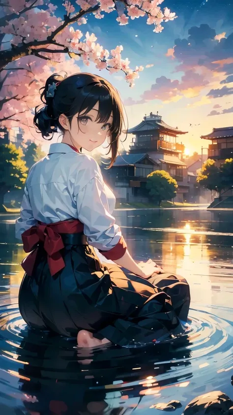 1 anime woman, Schoolgirls in the Meiji period,Hakama with shield,alone,The black petals flutter, A butterfly that shines mysteriously.city,Vibrant black hair,shiny black jewel eyes,short bob,thin legs,very light,The highest quality,smile,,cherry blossomsの...