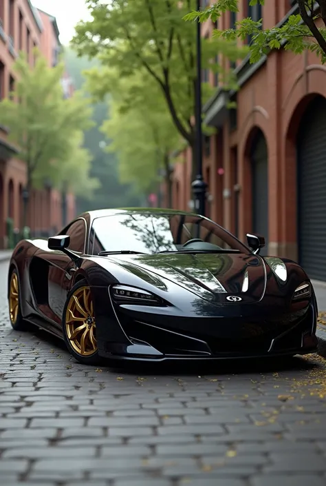 A sleek, black sports car is parked on a narrow, tree-lined street. The car boasts a low profile and an aerodynamic design, with sharp lines and a modern aesthetic. It showcases distinctive elements such as a prominent front grille, stylish headlights, and...