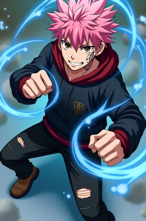 Jujustu Kaisen, anime, Itadori Yuji, 1 teenager guy, pink hair, medium gradient, brown eyes, cold expression, (cut on the cheek that reveals part of his teeth), cuts and scratches to his face, (combat pose), wearing a black sweatshirt with a red hood (fore...