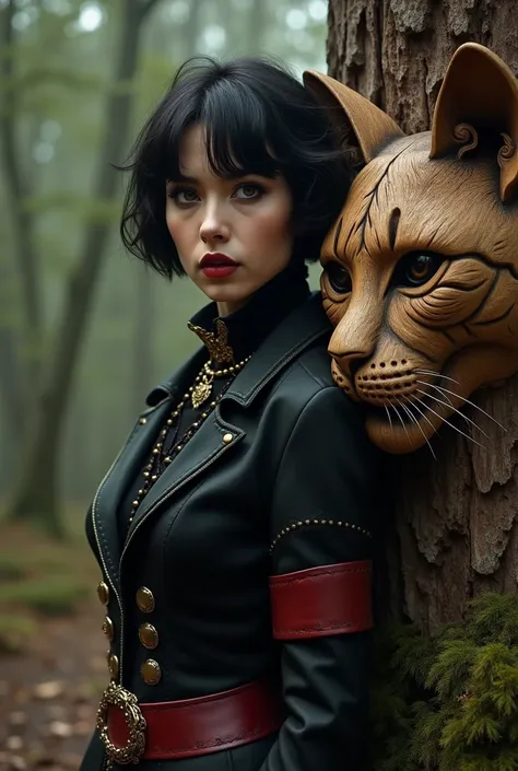 a cute woman, short black hair, standing sharp dressed gothic Victorian style gold and red leather next to a wooden carving of a cat face in the woods, by Nikita Veprikov, wood art, carved in wood, sculpture made of wood, wood carving, detailed wood carvin...