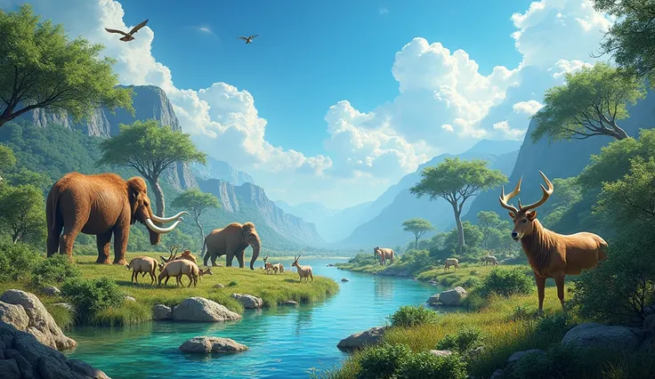 A stunning 4K landscape of the pre-flood world, showcasing vibrant greenery, crystal-clear rivers, and diverse wildlife under a brilliant blue sky."