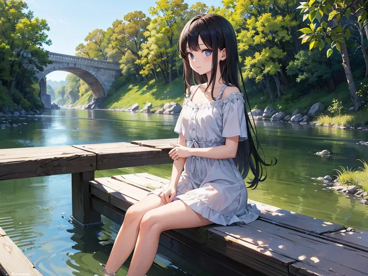 masterpiece: 1.5, Realistic human images, Realistic: 1.2, The subject is looking at the river、super high quality, Very detailed, Perfect drawing, And soul, Charming, and a girl, Sitting, Near the river, On Bridge, Beautiful natural environment, Detailed fa...