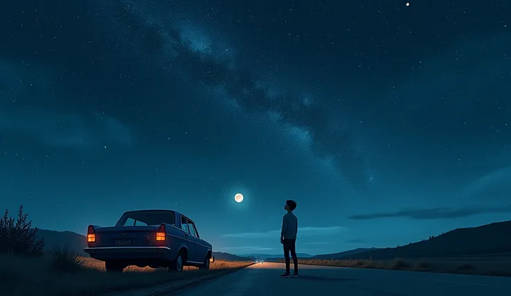 create an image where all dark sky and a boy standing in front of his car stopped road side ahead and  boy looking in the sky and star are aging and moon bright night and man look standing far away on the road