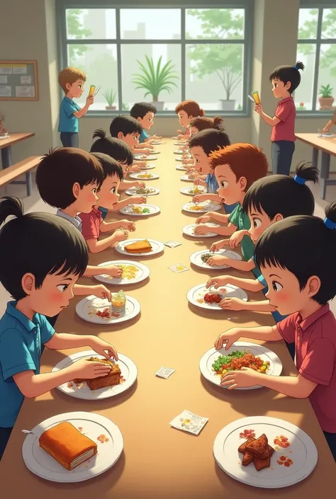 Cree moi une image ou la cantine ou les enfants  vide leur assiettes en fin de repas dans la poubelle  avant  de rassembler leur assiette couvert et verre en bout de table 