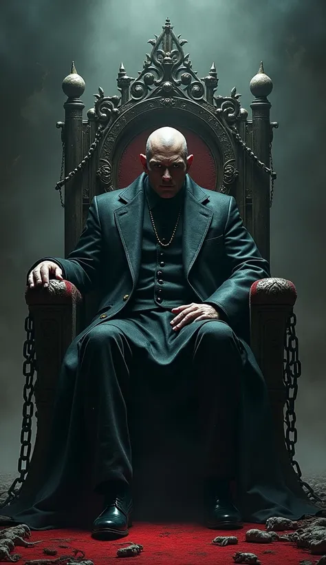 "Create an image of a Machiavellian figure sitting on a throne made of chains and lost souls, with an expression of absolute control and a dark and charged atmosphere."